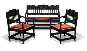 Sofá tallado y ebonizado de finales de la época victoriana y par de sillones, finales del siglo XIX de Collinson and Lock
