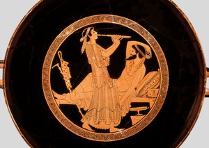 Banquete y flautista doble, detalle de kylix o copa de figuras rojas áticas, c.490 a.C.