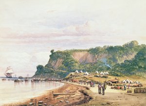 Desembarco de las tropas británicas y francesas en Varua en el Mar Negro desde el H.M.S. Bellerophon, 17 de julio de 1854 en la Guerra de Crimea de Colonel Ben Hallewell