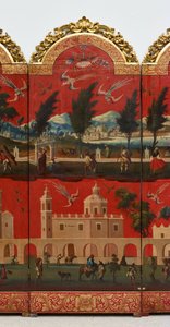 Biombo con vistas de Ciudad de México (óleo sobre panel lacado en maki-e rojo, con monturas de madera dorada y soporte de lino) de Colonial Spanish