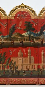 Biombo con vistas de Ciudad de México (óleo sobre panel lacado en maki-e rojo, con monturas de madera dorada y soporte de lino) de Colonial Spanish