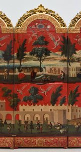 Biombo con vistas de Ciudad de México (óleo sobre panel lacado en maki-e rojo, con monturas de madera dorada y soporte de lino) de Colonial Spanish