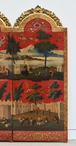 Biombo con vistas de Ciudad de México (óleo sobre panel lacado en maki-e rojo, con monturas de madera dorada y soporte de lino)