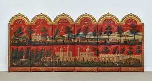 Biombo con vistas de Ciudad de México (óleo sobre panel lacado en maki-e rojo, con monturas de madera dorada y soporte de lino)