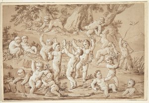 Un gran grupo de putti jugando contentos junto a un arroyo de Conrad Martin Metz