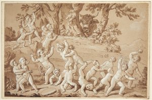 Un gran grupo de putti aterrorizados por la llegada de un toro de Conrad Martin Metz