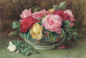 Naturaleza muerta con un cuenco de rosas rosas, amarillas y rojas, 1883 de Constance Lawson