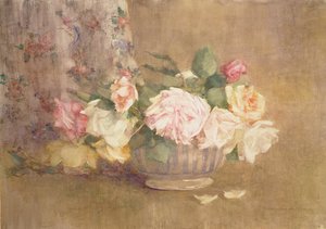 Un cuenco de rosas rosas, amarillas y blancas (acuarela sobre papel) de Constance Walton