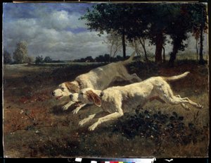 Perros corriendo. Pintura de Constant Troyon (1810-1865). Óleo sobre lienzo, 75 x 11 cm