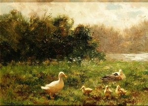 Pato y patitos en la orilla del río (óleo sobre lienzo) de Constant Artz