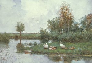 Patos en un paisaje fluvial (óleo sobre lienzo) de Constant Artz