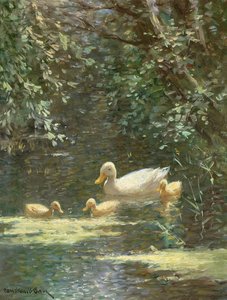 Madre pato con patitos en el agua (óleo sobre lienzo)e de Constant Artz