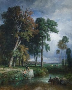 Los pescadores, c.1850 (óleo sobre lienzo) de Constant Emile Troyon