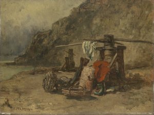 Escena de playa con puestos de capa de Constant Troyon