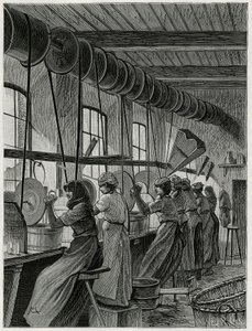 Un taller de mujeres en la cristalería de Val Saint Lambert. Grabado de C.Meunier para ilustrar la historia “La Belgique”, de Camille Lemonnier (1844-1913), escritor y crítico de arte. de Constantin Emile Meunier