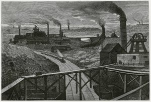 Minería de carbón y terriles (aspectos de la región boraine). Grabado por Constant Meunier, para ilustrar la historia "Bélgica", por Camille Lemonnier (1844-1913) escritor belga. Publicado en Le Tour du monde, nuevo diario de viajes, 2º semestre 1884 de Constantin Emile Meunier