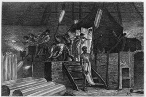 Dentro de una cristalería, en Lodelinsart (o Lodlinsat, en la ciudad de Charleroi). Grabado por Constant Meunier, para ilustrar la historia "Bélgica", por Camille Lemonnier (1844-1913) escritor belga. Publicado en Le Tour du monde, nuevo diario de viajes,  de Constantin Emile Meunier