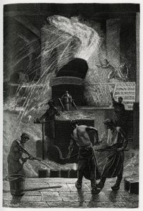 La fundición de acero en los establecimientos Cockerill en Seraing. Grabado de C.Meunier para ilustrar la historia “La Belgique”, de Camille Lemonnier (1844-1913), escritor y crítico de arte. de Constantin Emile Meunier
