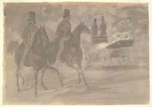 Carruajes tirados por caballos montando en un parque de Constantin Guys