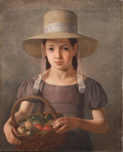 Una niña con frutas en una cesta de Constantin Hansen