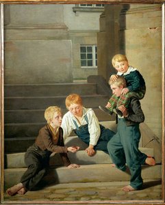 Chicos jugando a los dados frente al palacio de Christiansborg en Copenhague (pintura sobre lienzo) de Constantin Hansen