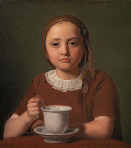 Danés:  En lille pige, Elise Købke, med en kop foran sig Retrato de una niña, Elise Købke, con una copa delante de Constantin Hansen