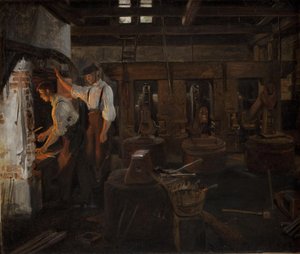 El interior del viejo molino de martillos en Hellebæk de Constantin Hansen