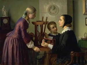Una ama de casa en su telar hablando con dos niños de Constantin Hansen