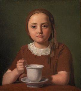 Retrato de una niña pequeña, Elise Købke, con una taza frente a ella, 1850