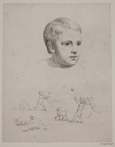 Arriba retrato de T. N. Thiele de niño, abajo cuatro niños jugando a la pelota de Constantin Hansen