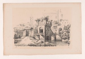 Puente con torre cubierta El paisaje (título de la serie) de Constantinus Cornelis Huysmans