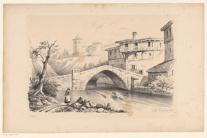 Puente sobre el río en pueblo de montaña El paisaje (título de la serie) de Constantinus Cornelis Huysmans