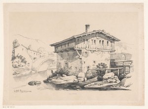 Casa y molino de agua en pueblo de montaña El paisaje (título de la serie) de Constantinus Cornelis Huysmans
