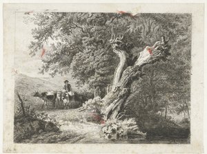 paisaje con árbol desnudo y pastor