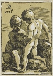 Dos niños acariciando un cordero de Conte Antonio Maria Zanetti the Elder