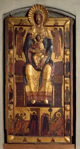 Virgen en el trono con el niño, dos ángeles, los apóstoles. La Anunciación y las santas mujeres en el sepulcro. Bajo relieve de madera policromada de Coppo di Marcovaldo (attr.to)