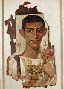 Antiguo Egipto: retrato de Ammonios: representación de un hombre sosteniendo una canthara dorada enriquecida con esmeraldas y llena de vino que lo identifica como Dionisio. En la mano izquierda de caballeros dorados, la guirnalda de rosas, símbolo de renac