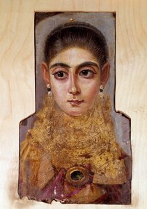 Arte copto: joven mujer llamada Fayoum (alrededor de 160 d.C.) Pintura de cera sobre madera. París, Museo del Louvre de Coptic