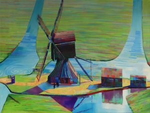 Paisaje con molinos de viento de colores de Corné Akkers