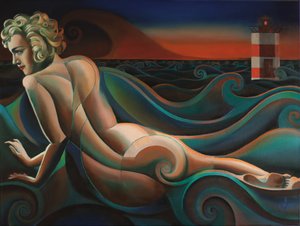 Mujer desnuda y olas del mar de Corné Akkers