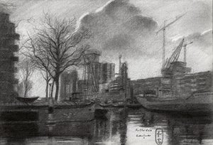 Boceto del puerto de Róterdam en invierno