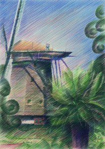 Dibujo de la vista del molino de viento de Corné Akkers