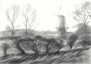 Dibujo de un molino de viento en invierno de Corné Akkers