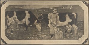 Reproducción fotográfica del dibujo de diseño con mujeres campesinas y vacas para vidriera de Richard Roland Holst de Cornelis Albertus Deul
