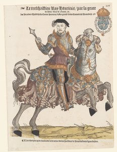 Retrato de Enrique II de Francia con armadura a caballo, derecha