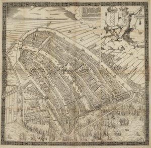 Alemán: Die berühmte Handelsstadt Amsterdam
Holandés: De vermaerde koopstadt van Amstelredam