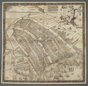 Alemán: Die berühmte Handelsstadt Amsterdam
Holandés: De vermaerde koopstadt van Amstelredam de Cornelis Anthonisz.