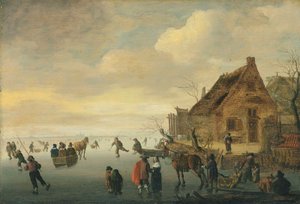 Paisaje invernal con trineos tirados por caballos y figuras patinando en un lago helado junto a un pueblo rural.