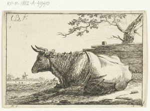 Paisaje con vaca acostada con tapa trasera de Cornelis  Bisschop