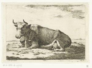 Paisaje con vaca acostada con cuernos Vacas (título de la serie) de Cornelis  Bisschop